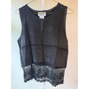 Vintage Imagio Leather Crochet Trim Patchwork Sleeveless Top - Small